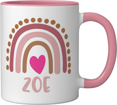 Taza personalizada de cerámica Zoe Name Cute Heart Love Arcoíris Rosa/Blanca