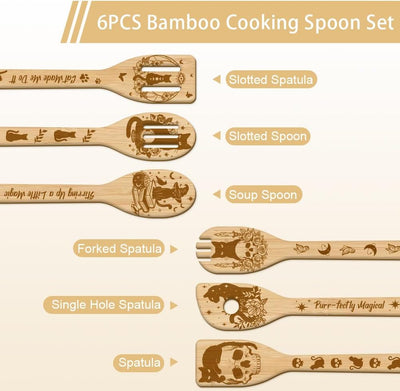 Juego de 6 cucharas de madera para gatos mágicos con diseño de esqueleto de bambú