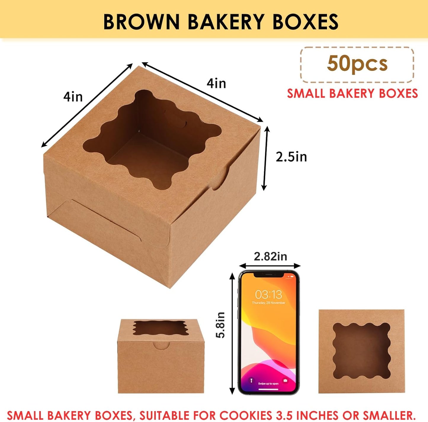 Caja de galletas Moretoes 50uds 4x4x2.5 pulgadas blancas y marrones para dulces