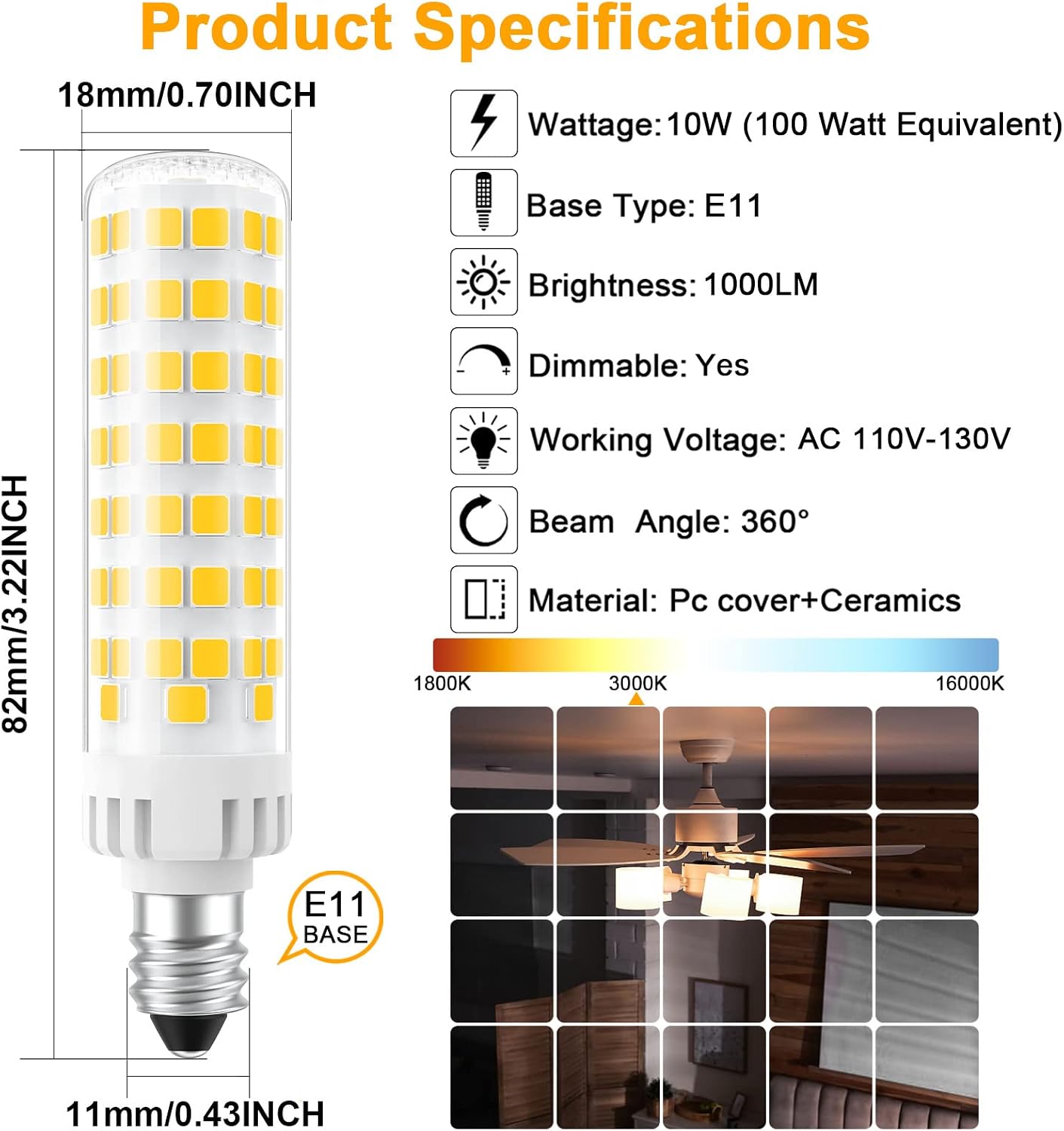 Bombilla LED E11 regulable 10W 3000K para ventilador