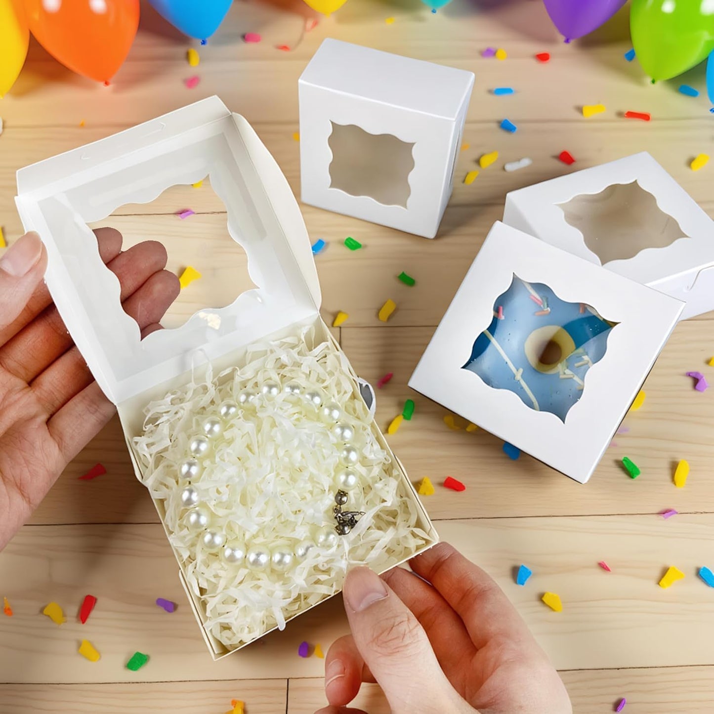 35 Cajas Galletas Blancas 3x3x1.5pulg Ventana Mini Donas Bodas