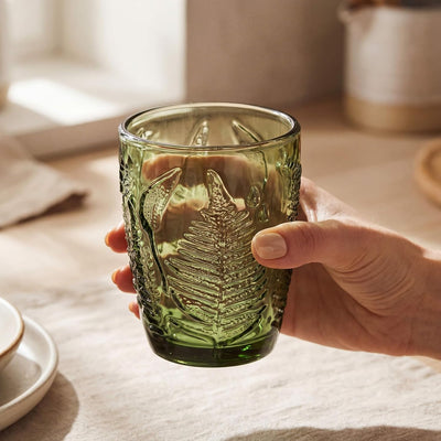 Vaso bajo con relieve de helecho verde vintage para agua, jugo y cócteles