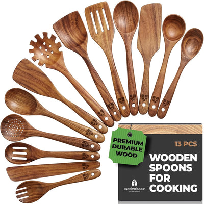 Set 13 Pzas Cucharas Madera Teca para Cocina con Mango Anatómico