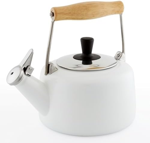 Tetera Silbante Esmaltada Acero Mango Madera 1.4qt Blanco Mate