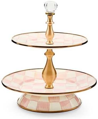 Soporte dulces escalonado esmaltado cuadros rosa y blanco