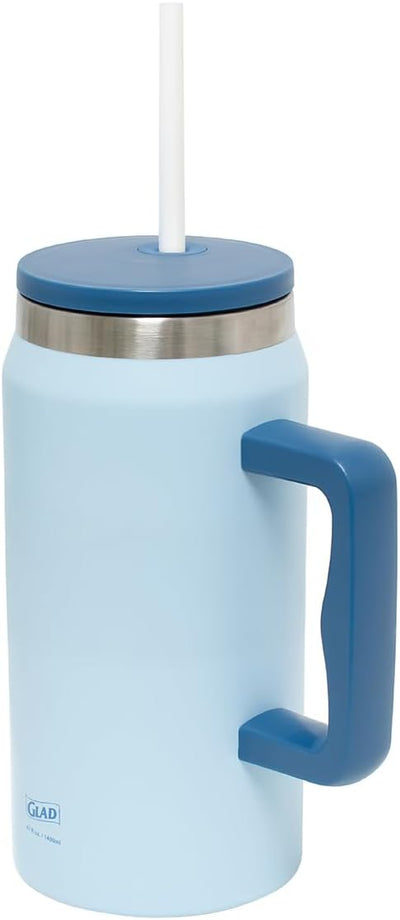 Vaso acero inox con tapa pajita aislado doble pared 47oz azul