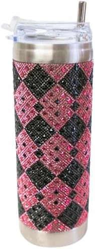 Vaso cristal rosa y negro 20oz con tapa popote