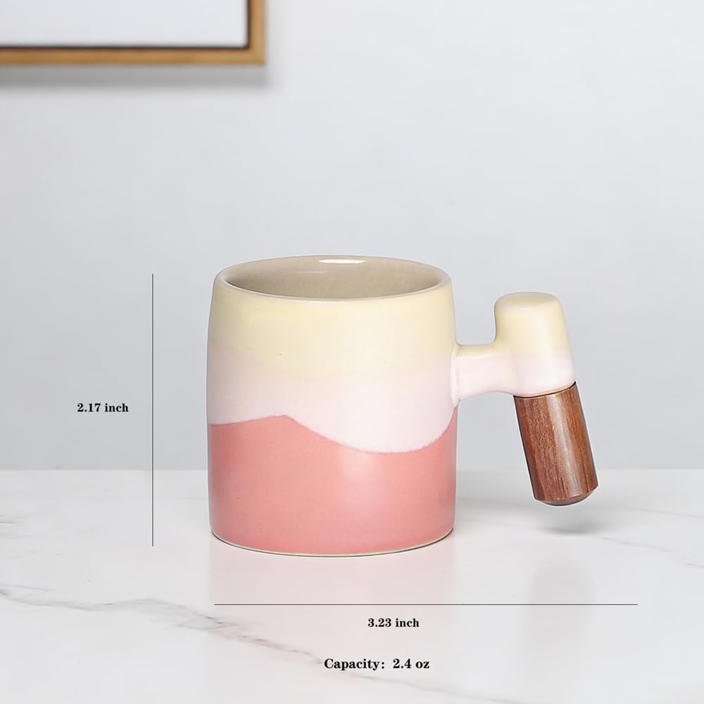 Juego de 2 tazas de café cerámica con mango de madera rosa