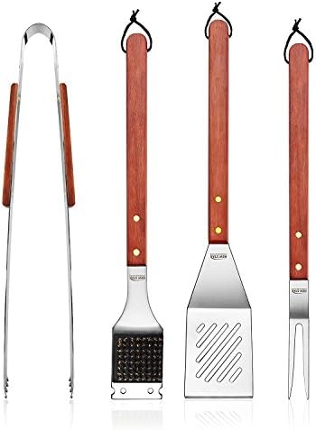 Set 4 herramientas asador acero inox mangos madera