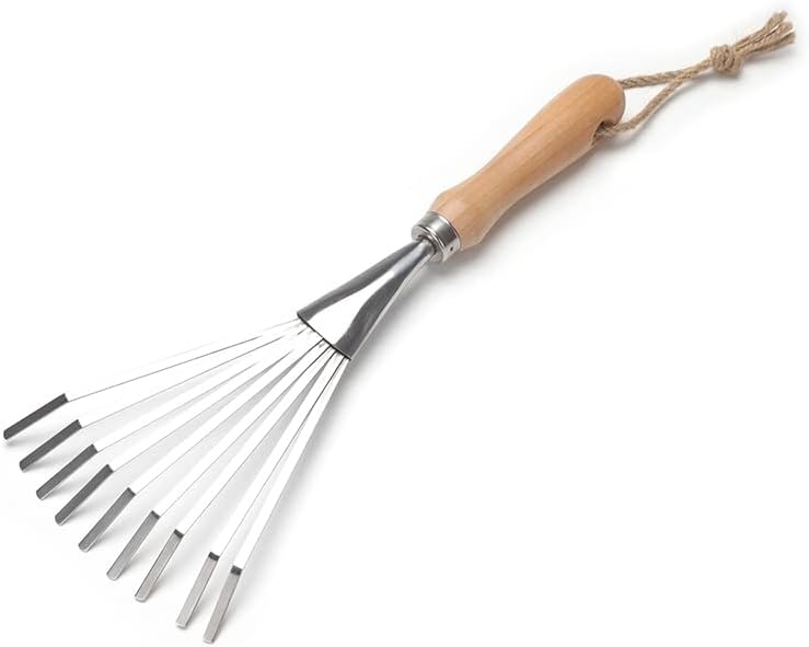 Rastrillo mano 9 dientes acero inox mango haya para césped y jardín