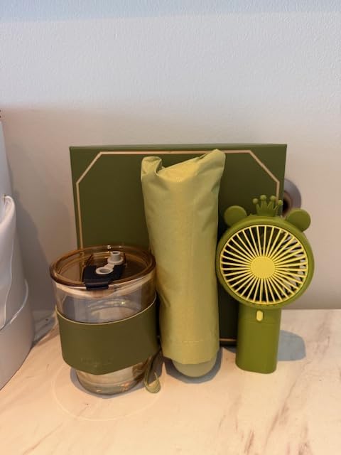 Set regalo para mujer y hombre con tumbler de 13 oz, abanico portátil y paraguas plegable