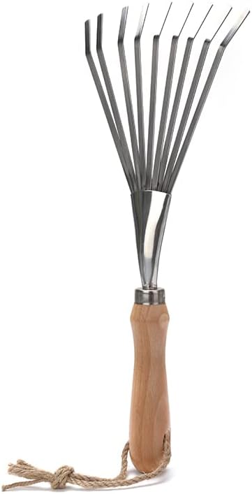 Rastrillo mano 9 dientes acero inox mango haya para césped y jardín