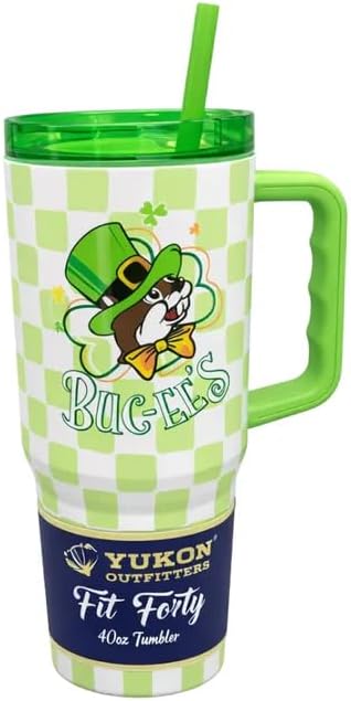 Vaso 40oz con pajilla asa diseño cuadros verdes San Patricio