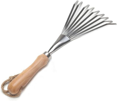 Rastrillo mano 9 dientes acero inox mango haya para césped y jardín