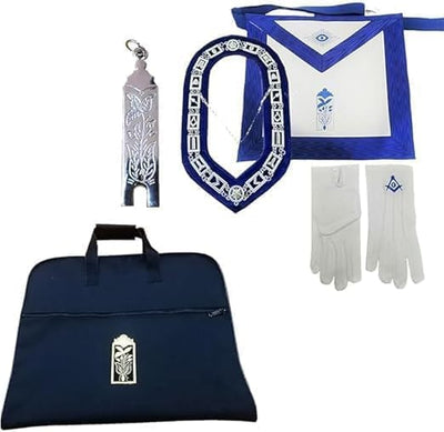 Conjunto regalía masónica azul oficial con delantal, collar y guantes