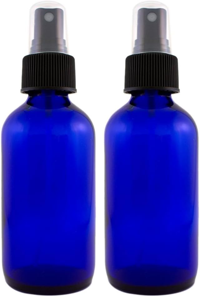 Botella vidrio cobalto 4oz con tapa spray negra set 2
