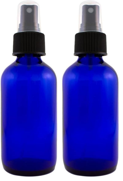 Botella vidrio cobalto 4oz con tapa spray negra set 2