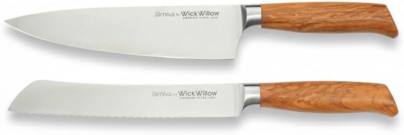 Set Cuchillos Chef y Pan Acero Sueco Asa Madera Olivo