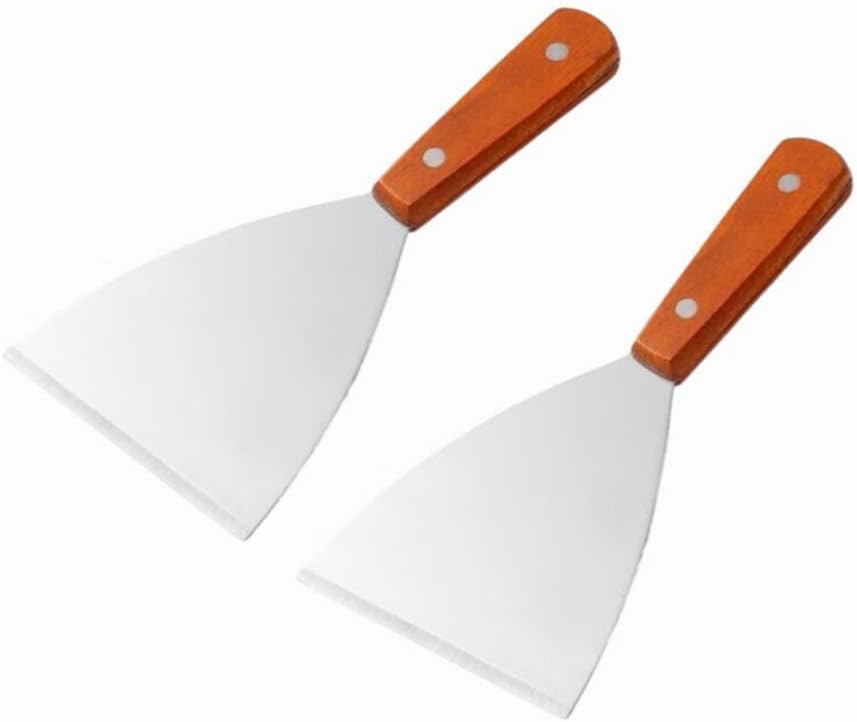 Espátula acero inox inclinada mango madera para parrilla set 2
