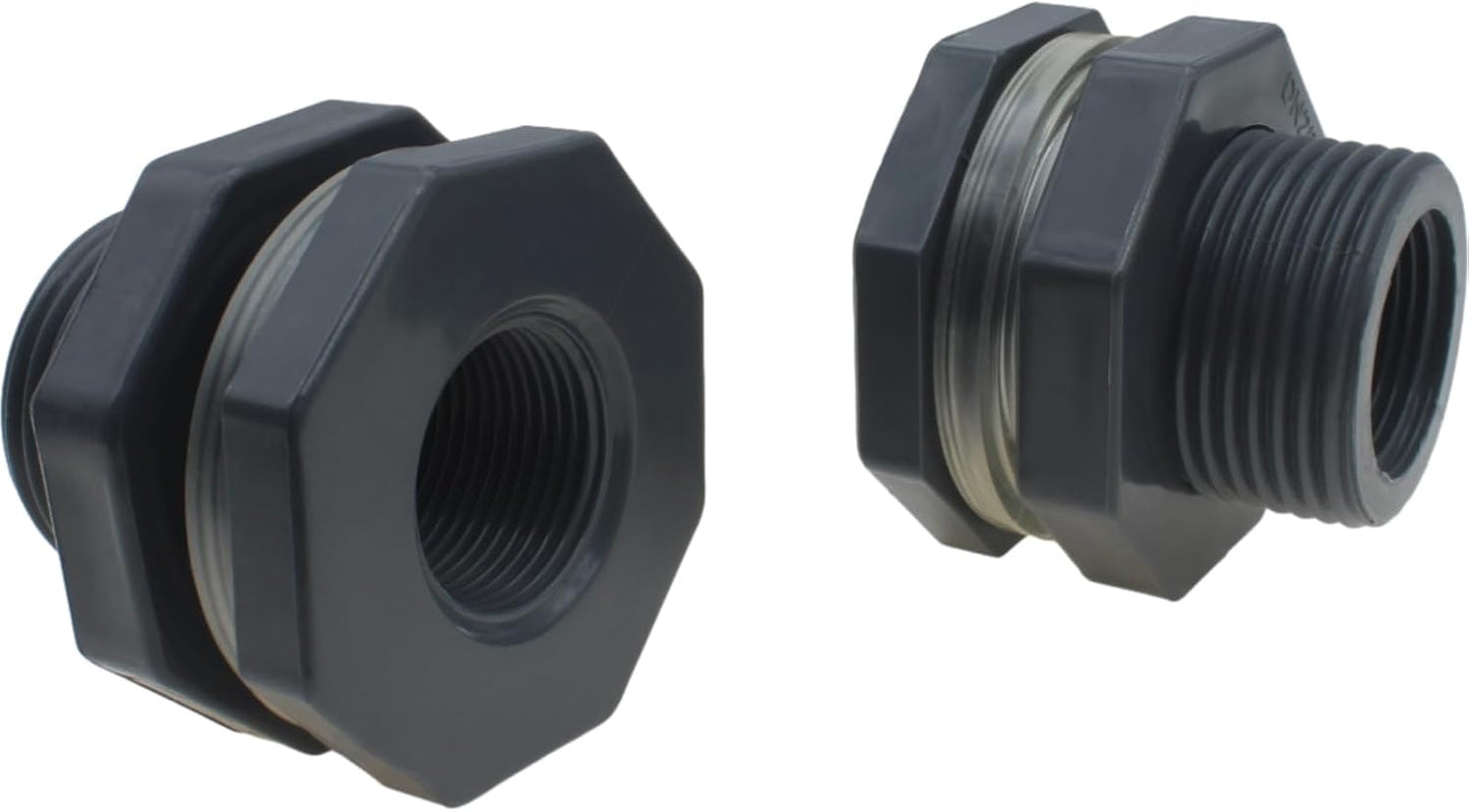Conector 3/4pulg PVC gris con junta para barriles y acuarios 2uds
