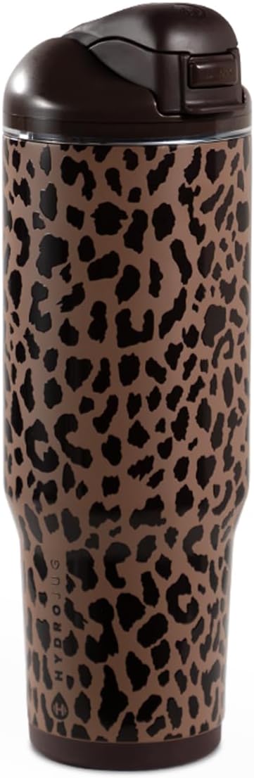 Botella de agua HydroJug con pajilla y tapón chug, acero inoxidable, ventana nivel agua, base antideslizante – 32 oz, leopardo marrón