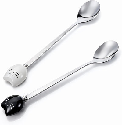 Juego de 2 cucharas de café en forma de gato de acero inoxidable