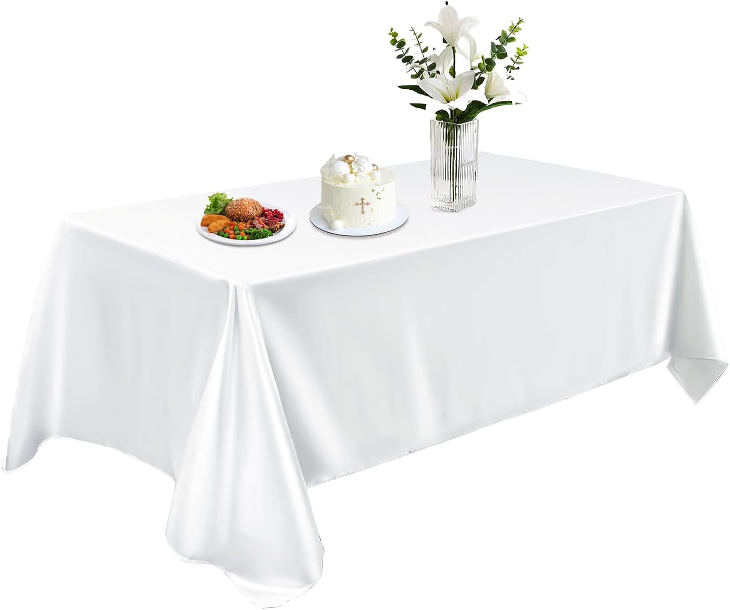 Mantel de satén rectangular blanco brillante lavable para comedor y eventos