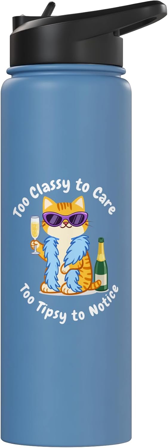 Botella agua acero inox aislada con gato sipping champagne