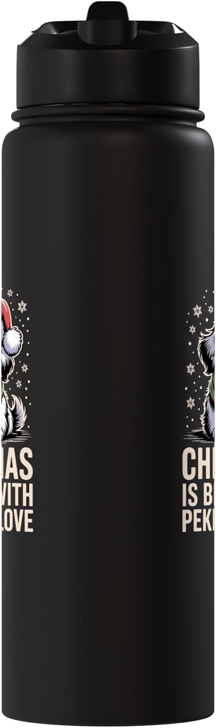 Botella de agua acero inoxidable con perro pekingés navideño