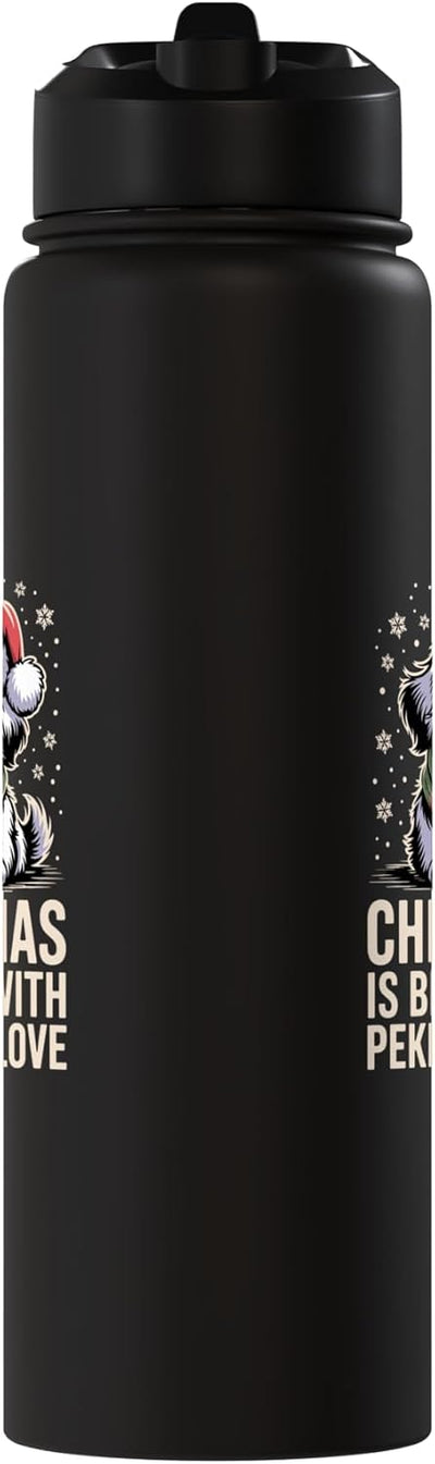 Botella de agua acero inoxidable con perro pekingés navideño