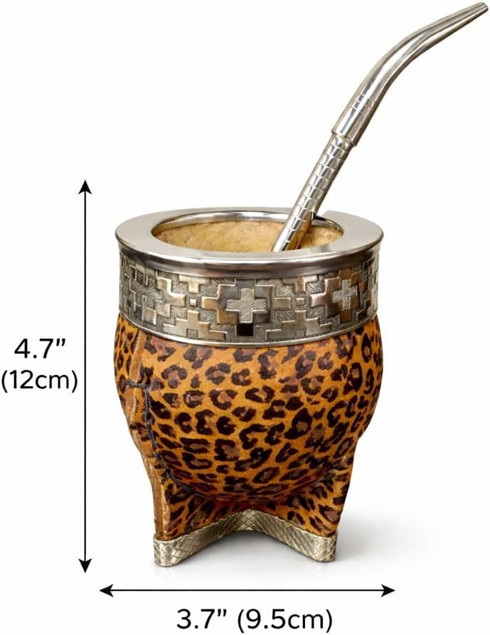 Juego Tazas Yerba Mate Popote Envoltura Cuero Alpaca Acero