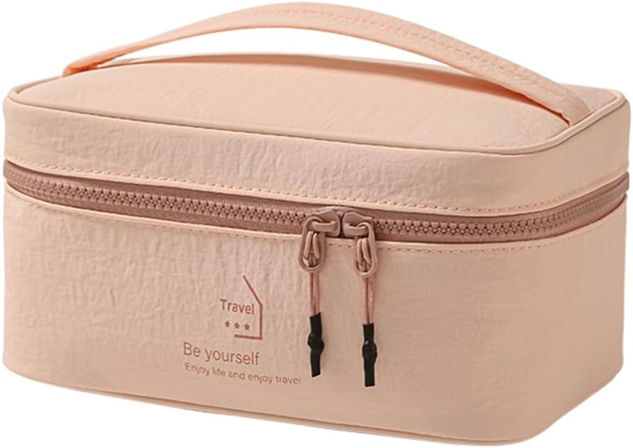 Bolsa maquillaje viaje con doble cremallera rosa ligera