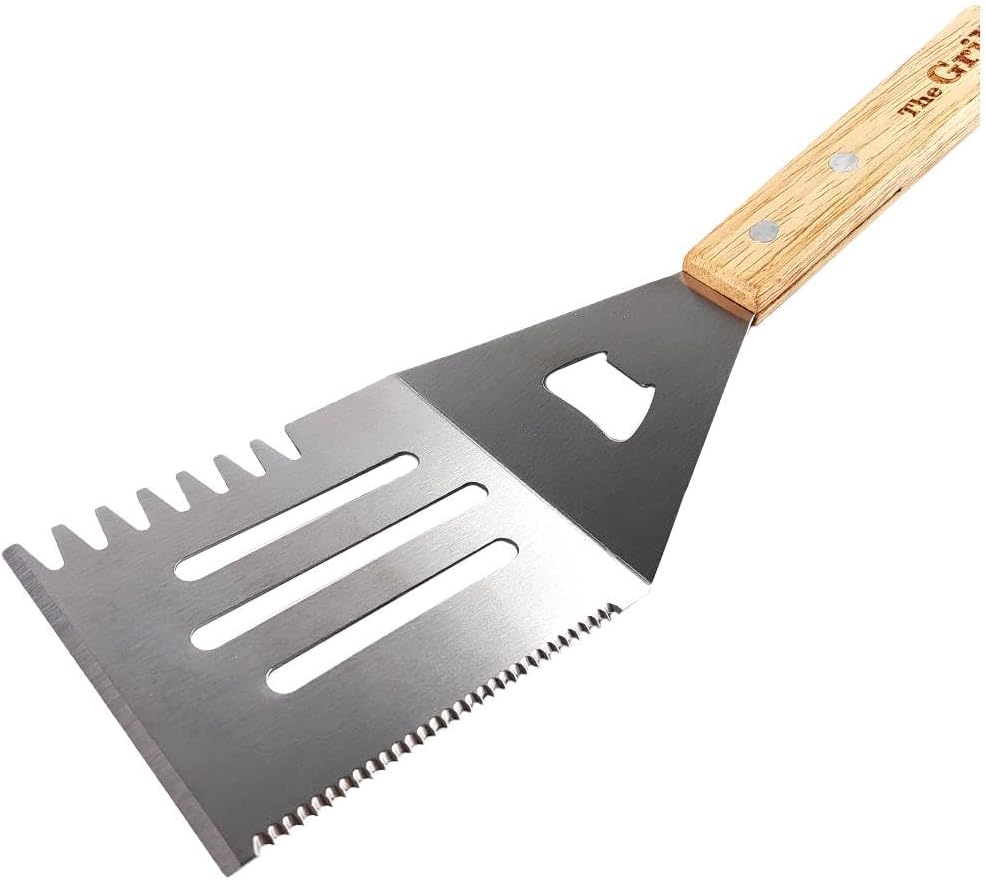 Espátula acero inox 6en1 mango madera parrilla