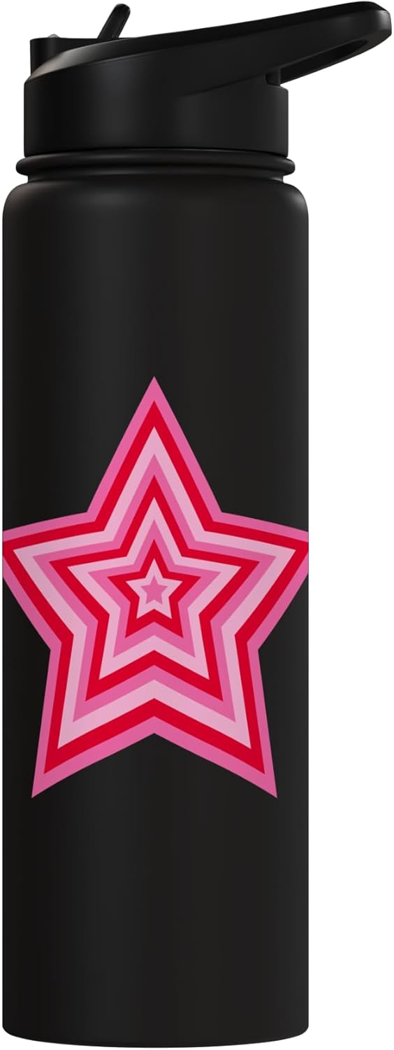 Botella de agua estilizada rosa con estrella acero inoxidable aislada