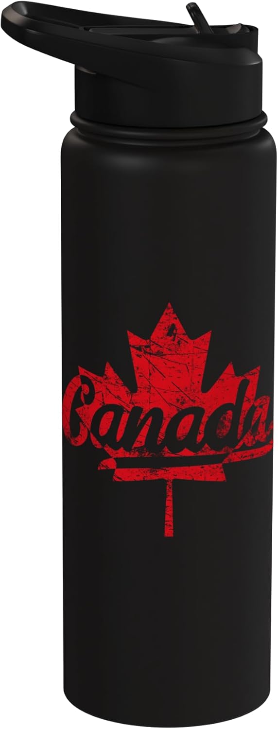 Botella de agua aislada retro con bandera canadiense de acero inoxidable