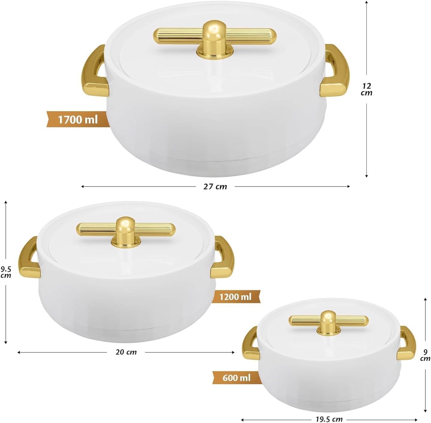 Set 3 Cazuelas Acero Inox 57.5oz 40.6oz 20.3oz Blanco Perla