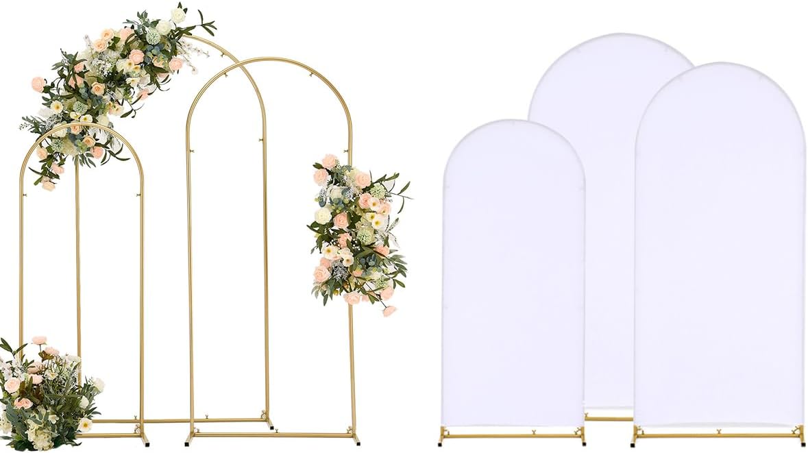 6 Soportes Arco Boda 6.6ft con 3 Fundas Elastano Blanco