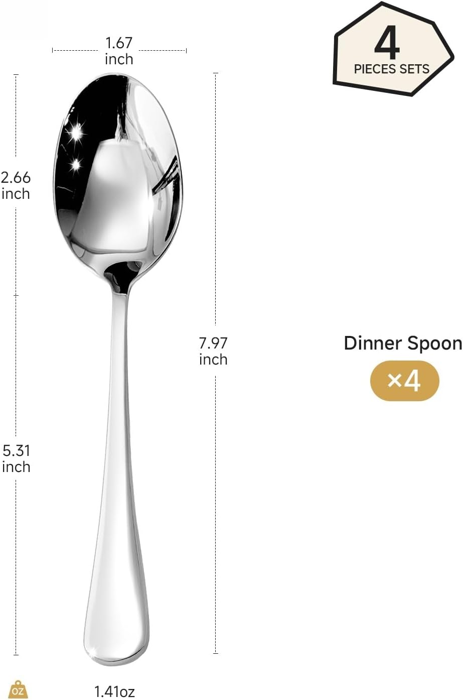 Juego de 4 cucharas de cena de acero inoxidable 18/10 para el hogar