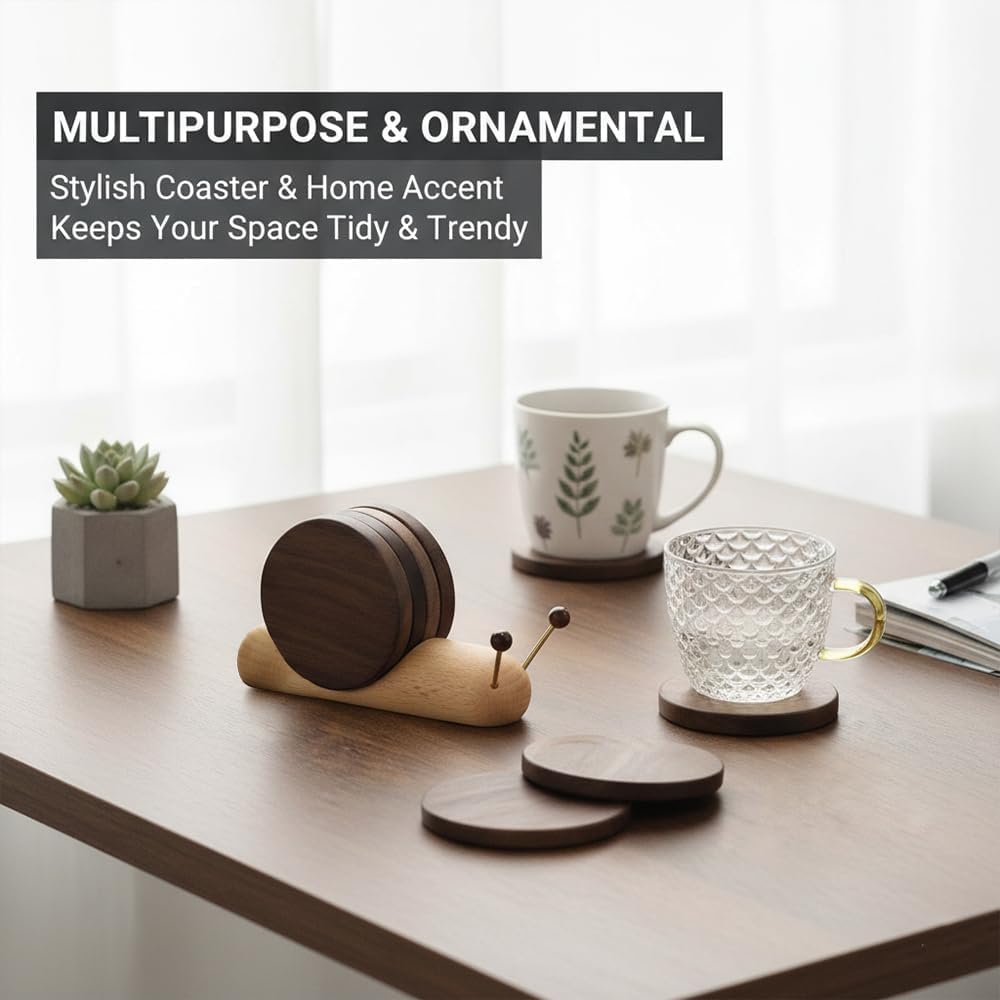 Set de 5 cojines para bebidas con soporte de caracol de madera natural
