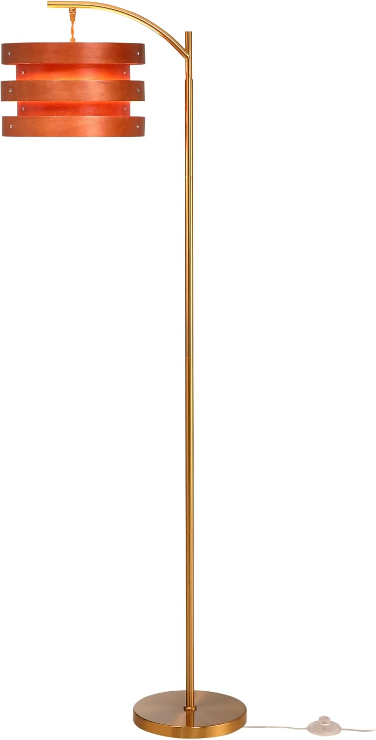 Lámpara pie madera moderna pantalla latón antiguo roble