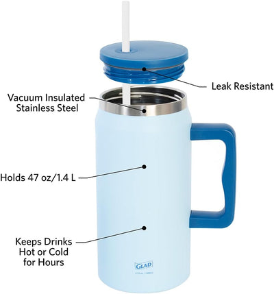 Vaso acero inox con tapa pajita aislado doble pared 47oz azul