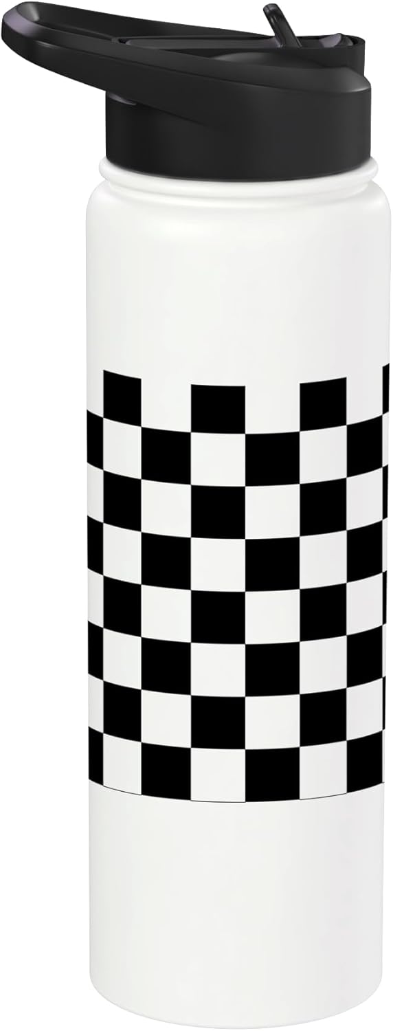 Botella de agua aislada de acero inoxidable con patrón cuadriculado negro
