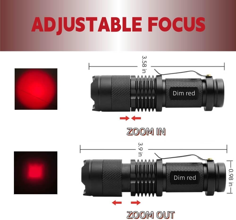 Linterna LED roja 625 nm luz suave zoom visión nocturna