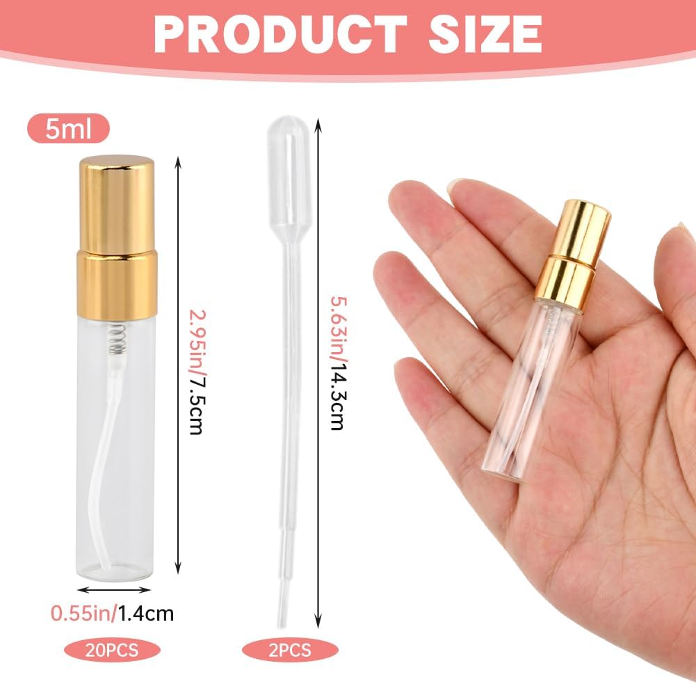 20 Botellas Perfume Vidrio 0.2fl oz con Goteros Recargables Doradas