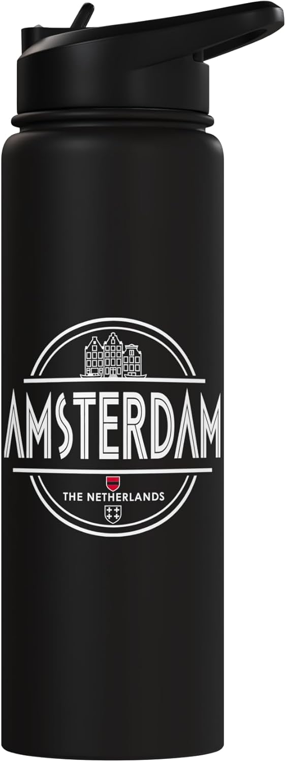 Botella de agua vintage Amsterdam City Travel acero inoxidable aislada
