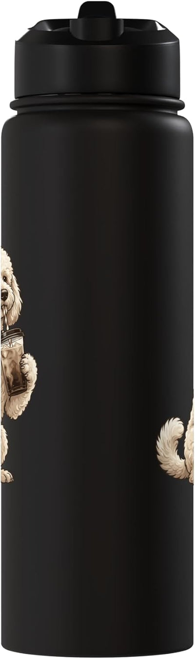 Bebida para perro Poodle amante del café helado acero inoxidable aislada
