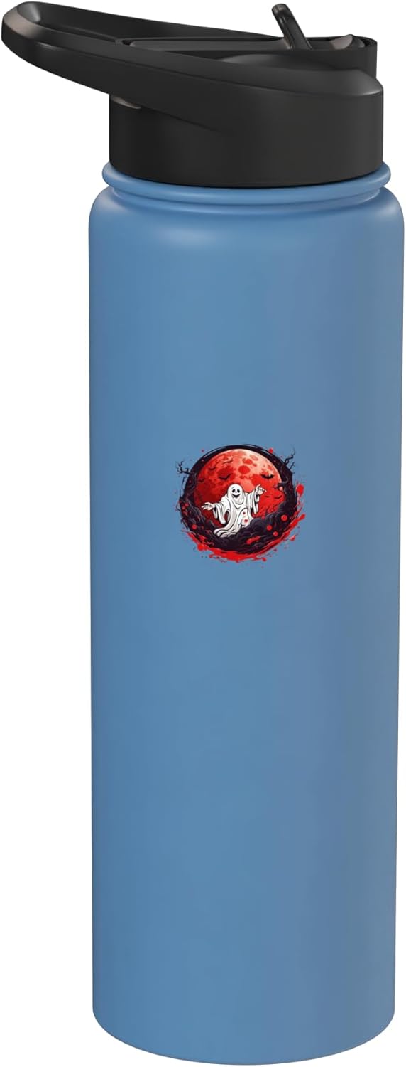 Botella agua acero inox aislada con fantasmas y murciélagos