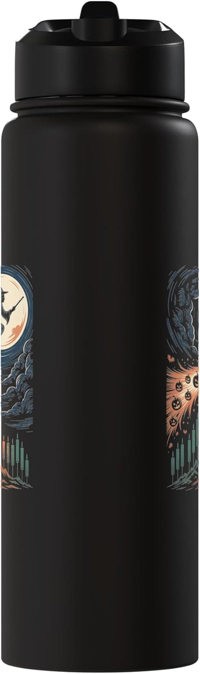 Bottella de agua aislada de acero inoxidable arte Halloween bruja volando sobre calabaza