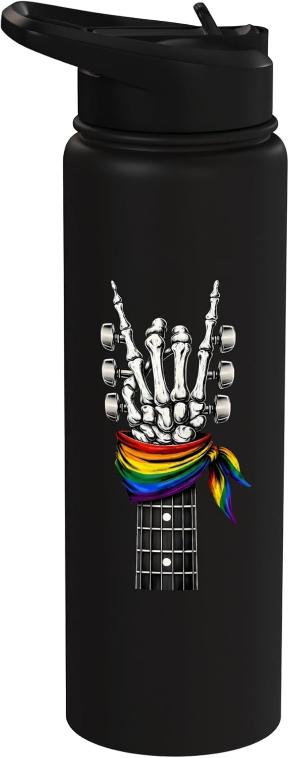 Bottella de agua aislada estampado hueso guitarra arcoiris acero inoxidable