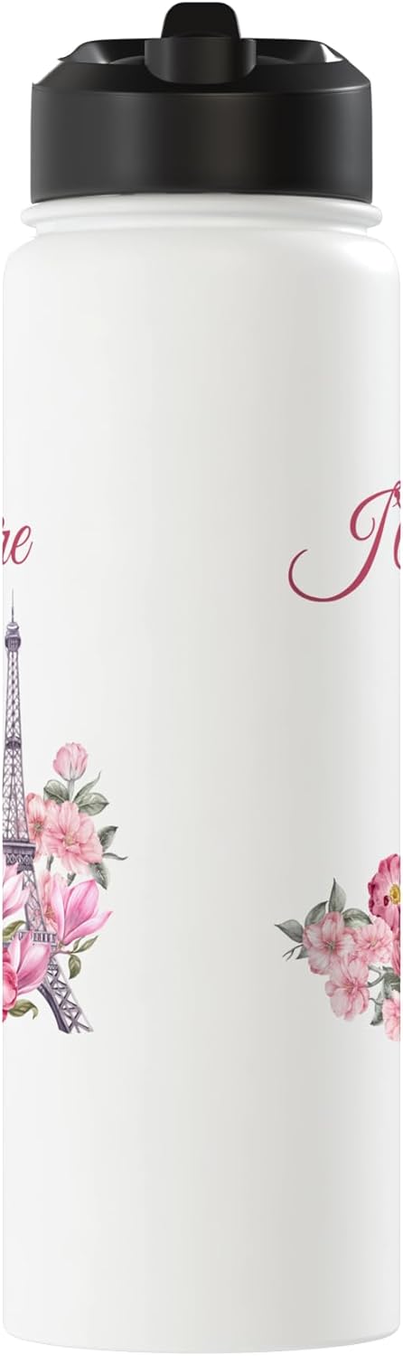 Botella de agua aislada de acero inoxidable con diseño floral de París